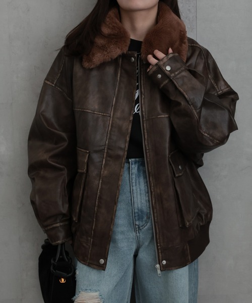 セール】【ファー襟取り外し可能】 フェイクレザーブルゾン