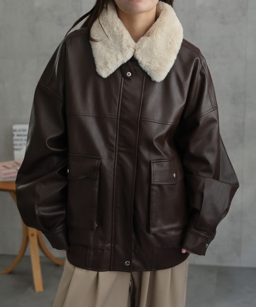 セール】【ファー襟取り外し可能】 フェイクレザーブルゾン
