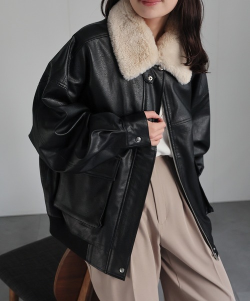 セール】【ファー襟取り外し可能】 フェイクレザーブルゾン
