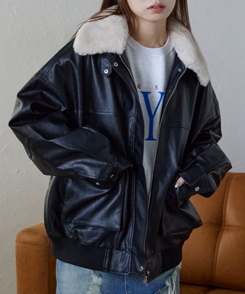 エレンディーク　Vネックレザーファーブルゾン Vネックレザーファーブルゾン セール】【ファー襟取り外し可能】 フェイクレザーブルゾン