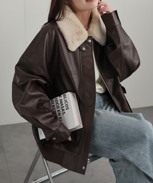 セール】【ファー襟取り外し可能】 フェイクレザーブルゾン