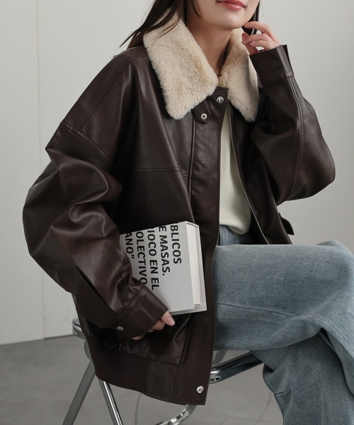 セール】【ファー襟取り外し可能】 フェイクレザーブルゾン