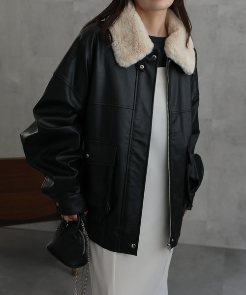 セール】【ファー襟取り外し可能】 フェイクレザーブルゾン