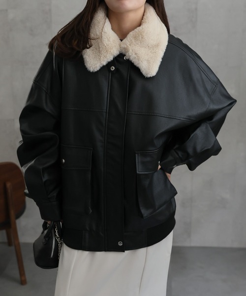 トルネードマート　ヴィンテージ加工クラック柄フェイクレザーファーブルゾン セール】【ファー襟取り外し可能】 フェイクレザーブルゾン
