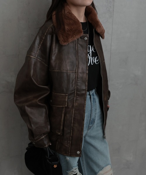 セール】【ファー襟取り外し可能】 フェイクレザーブルゾン