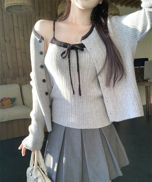 セール】Y2K リボンキャミソール&カーディガンSET（ニット/セーター