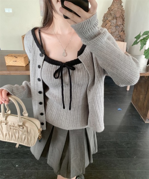 セール】Y2K リボンキャミソール&カーディガンSET（ニット/セーター