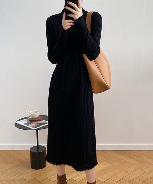 blackdia ocean(ブラックダイヤオーシャン)の「blackdia ocean ハイネックリブニットワンピース(ワンピース・レディース・ブラック/ホワイト/ベージュ・FREE)」の2枚目の写真