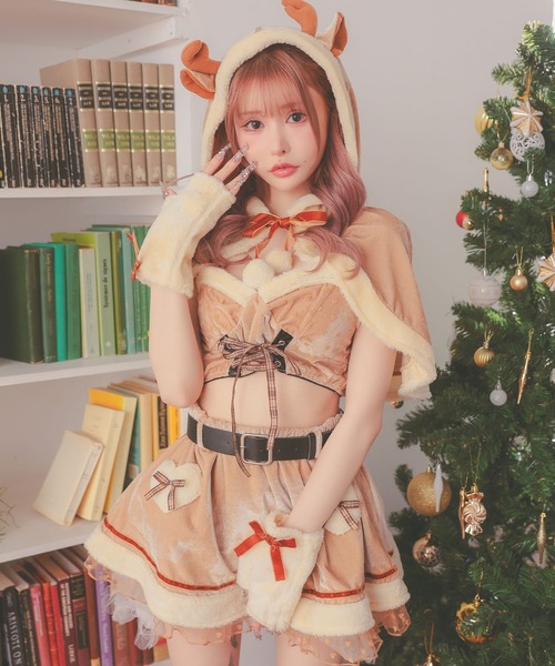 Tika(ティカ)の「トナカイ コスプレ アニマル サンタ セクシー ケープ付き へそ出し ミニ フレアスカート セットアップ 5点セット クリスマス コスチューム サンタコス(コスチューム/パーティーグッズ・レディース・キャメル・M)」の1枚目の写真