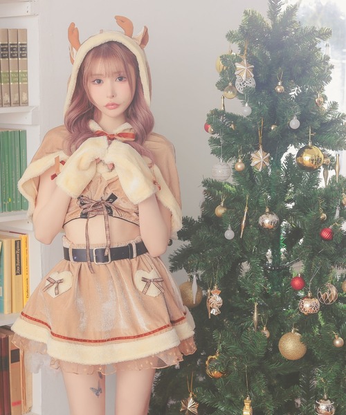 Tika(ティカ)の「トナカイ コスプレ アニマル サンタ セクシー ケープ付き へそ出し ミニ フレアスカート セットアップ 5点セット クリスマス コスチューム サンタコス(コスチューム/パーティーグッズ・レディース・キャメル・M)」の2枚目の写真