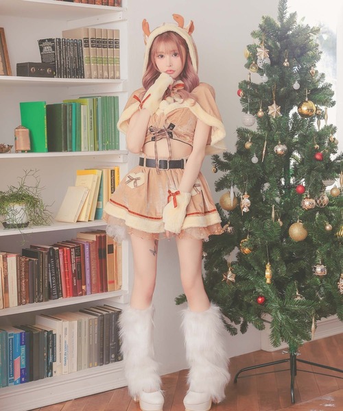 Tika(ティカ)の「トナカイ コスプレ アニマル サンタ セクシー ケープ付き へそ出し ミニ フレアスカート セットアップ 5点セット クリスマス コスチューム サンタコス(コスチューム/パーティーグッズ・レディース・キャメル・M)」の3枚目の写真