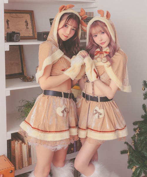 Tika(ティカ)の「トナカイ コスプレ アニマル サンタ セクシー ケープ付き へそ出し ミニ フレアスカート セットアップ 5点セット クリスマス コスチューム サンタコス(コスチューム/パーティーグッズ・レディース・キャメル・M)」の7枚目の写真