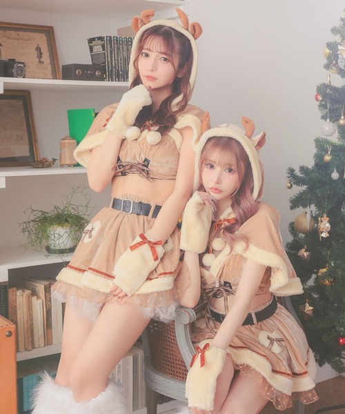 Tika(ティカ)の「トナカイ コスプレ アニマル サンタ セクシー ケープ付き へそ出し ミニ フレアスカート セットアップ 5点セット クリスマス コスチューム サンタコス(コスチューム/パーティーグッズ・レディース・キャメル・M)」の8枚目の写真
