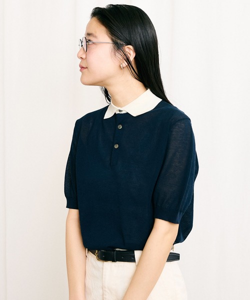 fig Ｌondon（フィグロンドン）の「SHEER knit polo（ポロシャツ・レディース・ネイビー/ボルドー/マルチ・FREE）」の6枚目の写真