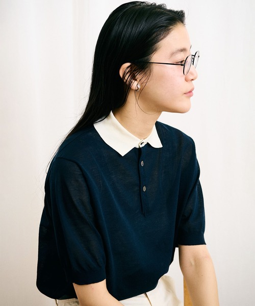 fig Ｌondon（フィグロンドン）の「SHEER knit polo（ポロシャツ・レディース・ネイビー/ボルドー/マルチ・FREE）」の8枚目の写真