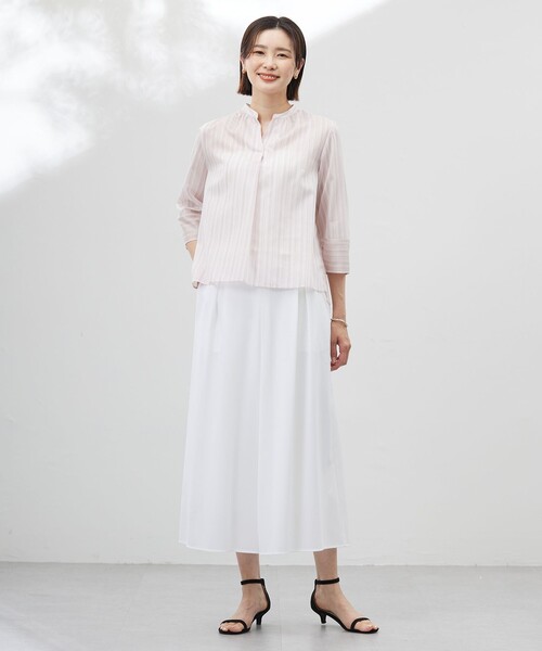 J.PRESS Ladies（J.プレス レディス）の「【洗える】ランダムストライプ スタンドカラー  ブラウス（シャツ/ブラウス・レディース・ピンク系1/サックスブルー系1/ホワイト系1・XS）」の8枚目の写真