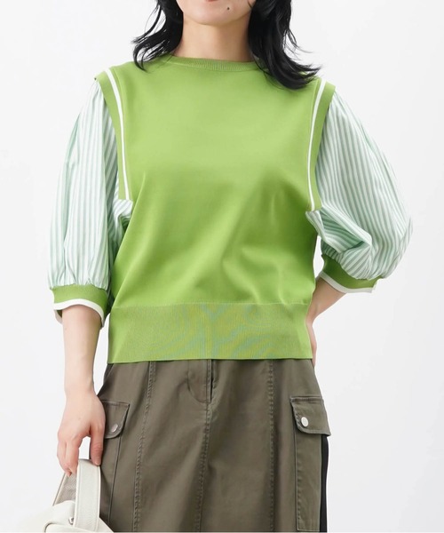 LC/LLL ストライプドッキングクルーネックニット