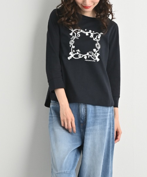 aunt lily(アントリリー)の「ハイゲージ天竺8分袖プルオーバー|フレンチリネン コットン プルオーバー Tシャツ ボートネック ラウンドヘム きれいめ(Tシャツ/カットソー・レディース・ネイビー/ブラック/キナリ・M/L/LL)」の3枚目の写真