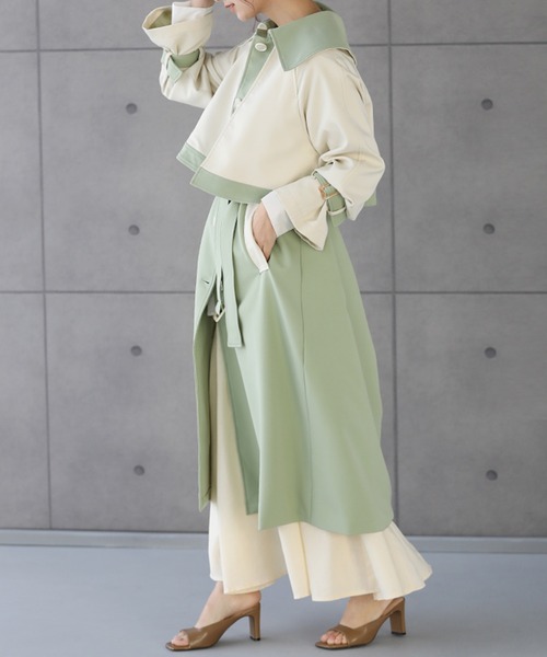 soduk ツートンカラー トレンチコート バイカラードッキングデザイントレンチコート（トレンチコート