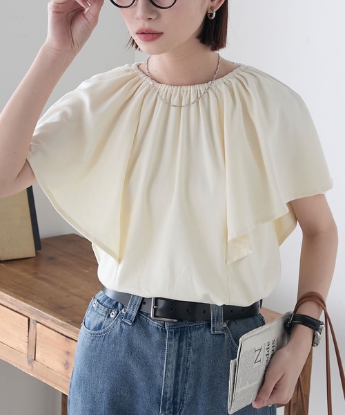 BONLECILL（ボンルシール）の「ギャザーフレアスリーブシルケットTブラウス（Tシャツ/カットソー・レディース・ネイビー/ブラック/アイボリー・FREE）」の4枚目の写真