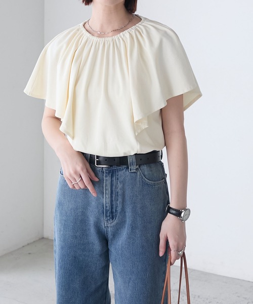 BONLECILL（ボンルシール）の「ギャザーフレアスリーブシルケットTブラウス（Tシャツ/カットソー・レディース・ネイビー/ブラック/アイボリー・FREE）」の6枚目の写真