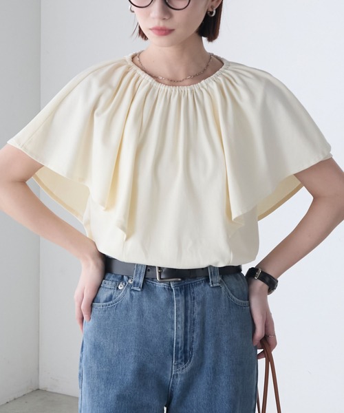 BONLECILL（ボンルシール）の「ギャザーフレアスリーブシルケットTブラウス（Tシャツ/カットソー・レディース・ネイビー/ブラック/アイボリー・FREE）」の12枚目の写真