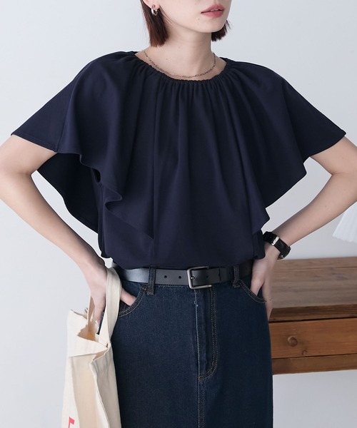BONLECILL（ボンルシール）の「ギャザーフレアスリーブシルケットTブラウス（Tシャツ/カットソー・レディース・ネイビー/ブラック/アイボリー・FREE）」の21枚目の写真