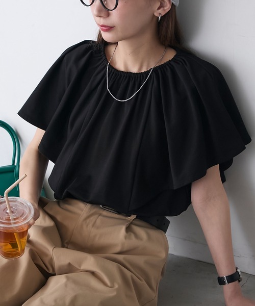 BONLECILL（ボンルシール）の「ギャザーフレアスリーブシルケットTブラウス（Tシャツ/カットソー・レディース・ネイビー/ブラック/アイボリー・FREE）」の13枚目の写真