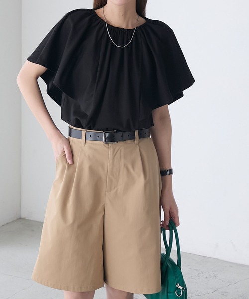 BONLECILL（ボンルシール）の「ギャザーフレアスリーブシルケットTブラウス（Tシャツ/カットソー・レディース・ネイビー/ブラック/アイボリー・FREE）」の14枚目の写真
