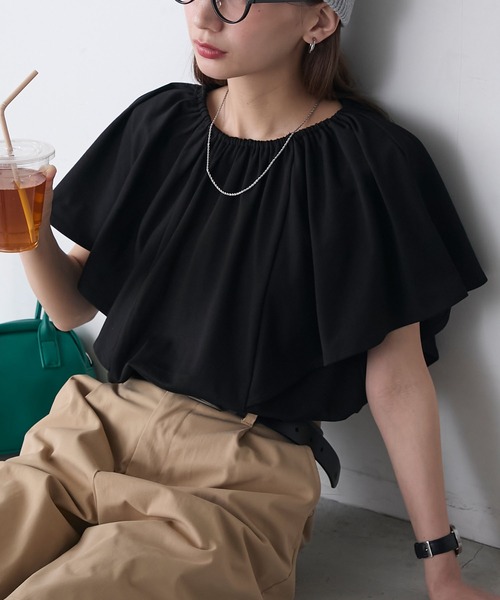 BONLECILL（ボンルシール）の「ギャザーフレアスリーブシルケットTブラウス（Tシャツ/カットソー・レディース・ネイビー/ブラック/アイボリー・FREE）」の19枚目の写真