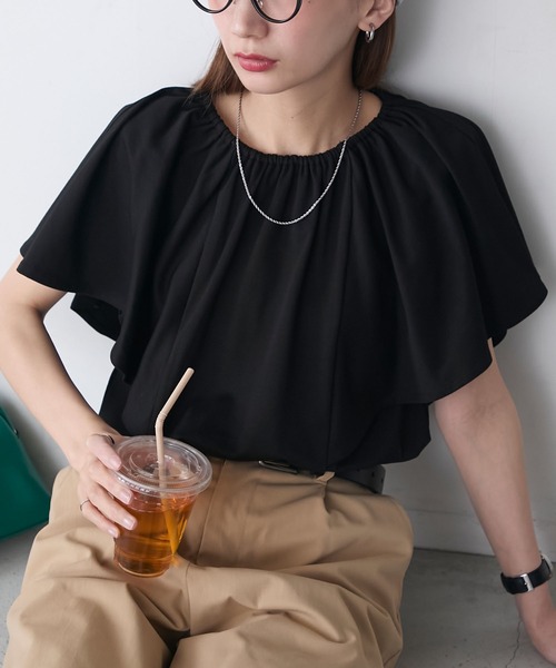 BONLECILL（ボンルシール）の「ギャザーフレアスリーブシルケットTブラウス（Tシャツ/カットソー・レディース・ネイビー/ブラック/アイボリー・FREE）」の20枚目の写真