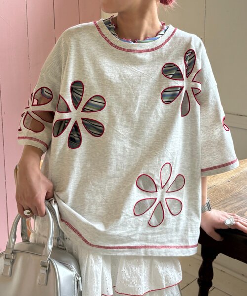 HELLO.SANFRANCISCO（ハローサンフランシスコ）の「【HELLO.SANFRANCISCO】フラワーカットビッグTEE（Tシャツ/カットソー・レディース・ライトグレー/ブルー/オレンジ/チャコールグレー/レッド・ONE SIZE）」の15枚目の写真