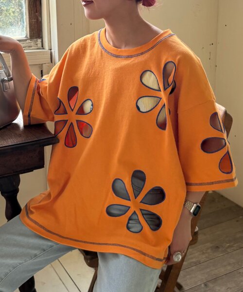 HELLO.SANFRANCISCO（ハローサンフランシスコ）の「【HELLO.SANFRANCISCO】フラワーカットビッグTEE（Tシャツ/カットソー・レディース・ライトグレー/ブルー/オレンジ/チャコールグレー/レッド・ONE SIZE）」の11枚目の写真