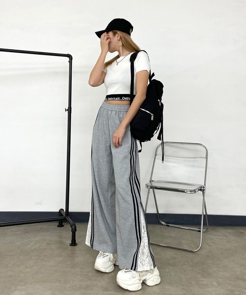 non-hedge(ノンヘッジ)の「カットラインレース切替ワイドパンツ(スウェットパンツ・レディース・ブラック/ネイビー/グレー/オートミール・FREE)」の15枚目の写真