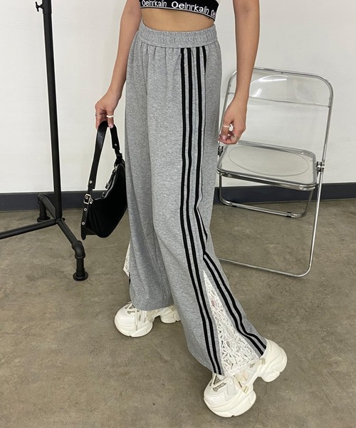 non-hedge(ノンヘッジ)の「カットラインレース切替ワイドパンツ(スウェットパンツ・レディース・ブラック/ネイビー/グレー/オートミール・FREE)」の18枚目の写真