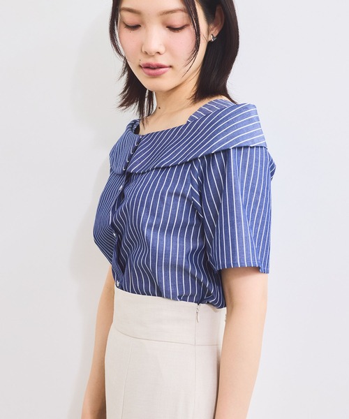 VIS（ビス）の「【防シワ】ラメミックスオフショルダー風ストライプシャツ（シャツ/ブラウス・レディース・ホワイト系その他/ブラウン系その他/ブルー系その他4/ライトグレー・FREE）」の14枚目の写真