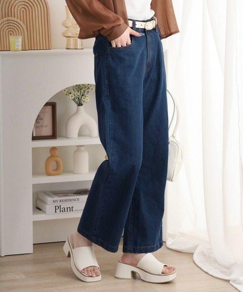 atONE（アットワン）の「コットンデニムワイドパンツ（デニムパンツ・レディース・ライトブルー/ブラック系その他/ネイビー・L/M/LL）」の9枚目の写真
