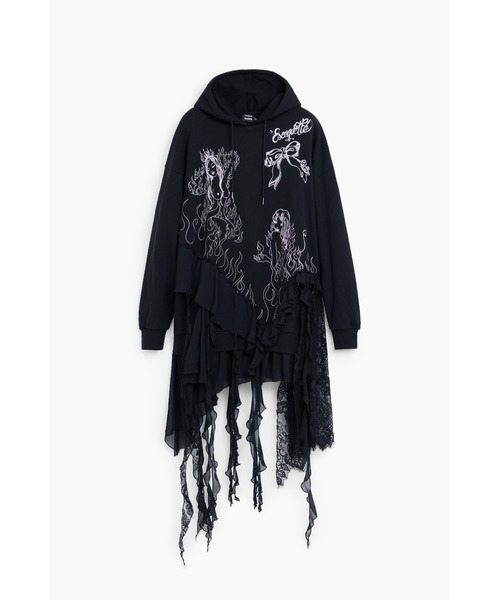 Desigual（デシグアル）の「【Desigual×Maria Escote】レースアップリケアシンメトリーフーディーワンピース（ワンピース・レディース・ブラック・S/L）」の8枚目の写真