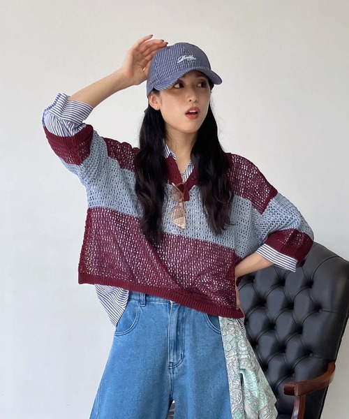 AS KNOW AS plus（アズノゥアズプラス）の「●メッシュ 半袖ラガーシャツ（ポロシャツ・レディース・レッド系/ネイビー系/オレンジ系・FREE）」の2枚目の写真