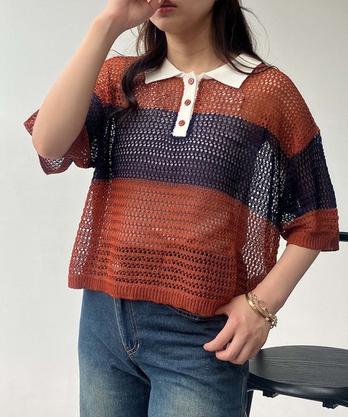 AS KNOW AS plus（アズノゥアズプラス）の「●メッシュ 半袖ラガーシャツ（ポロシャツ・レディース・レッド系/ネイビー系/オレンジ系・FREE）」の3枚目の写真