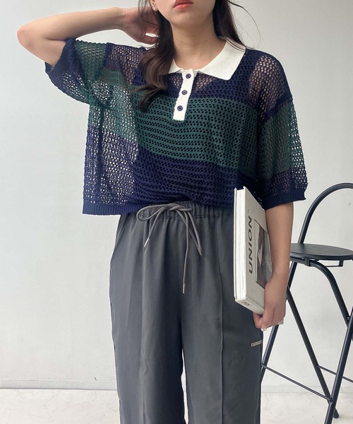 AS KNOW AS plus（アズノゥアズプラス）の「●メッシュ 半袖ラガーシャツ（ポロシャツ・レディース・レッド系/ネイビー系/オレンジ系・FREE）」の4枚目の写真