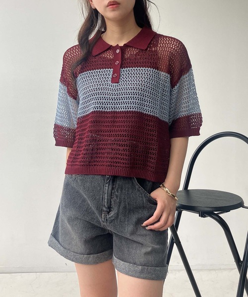 AS KNOW AS plus（アズノゥアズプラス）の「●メッシュ 半袖ラガーシャツ（ポロシャツ・レディース・レッド系/ネイビー系/オレンジ系・FREE）」の12枚目の写真