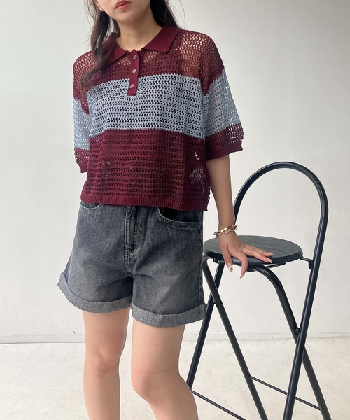 AS KNOW AS plus（アズノゥアズプラス）の「●メッシュ 半袖ラガーシャツ（ポロシャツ・レディース・レッド系/ネイビー系/オレンジ系・FREE）」の13枚目の写真