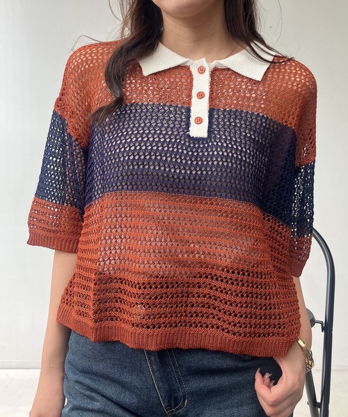 AS KNOW AS plus（アズノゥアズプラス）の「●メッシュ 半袖ラガーシャツ（ポロシャツ・レディース・レッド系/ネイビー系/オレンジ系・FREE）」の21枚目の写真