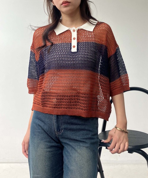 AS KNOW AS plus（アズノゥアズプラス）の「●メッシュ 半袖ラガーシャツ（ポロシャツ・レディース・レッド系/ネイビー系/オレンジ系・FREE）」の16枚目の写真