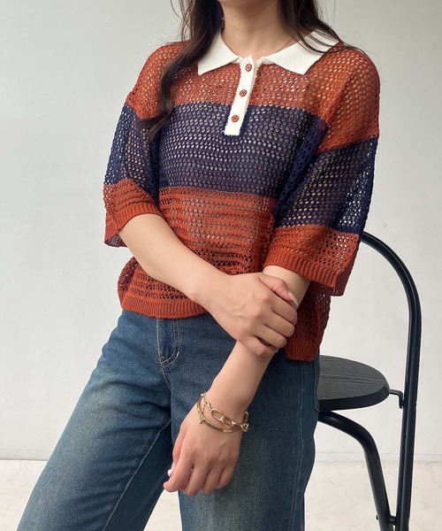 AS KNOW AS plus（アズノゥアズプラス）の「●メッシュ 半袖ラガーシャツ（ポロシャツ・レディース・レッド系/ネイビー系/オレンジ系・FREE）」の17枚目の写真