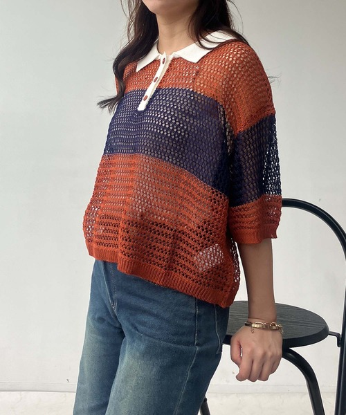 AS KNOW AS plus（アズノゥアズプラス）の「●メッシュ 半袖ラガーシャツ（ポロシャツ・レディース・レッド系/ネイビー系/オレンジ系・FREE）」の18枚目の写真