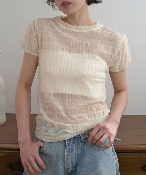 ReRe(リリ)の「シアー格子メッシュトップス(Tシャツ/カットソー・レディース・ホワイト/ブルー/ベージュ/ブラック・FREE)」の3枚目の写真
