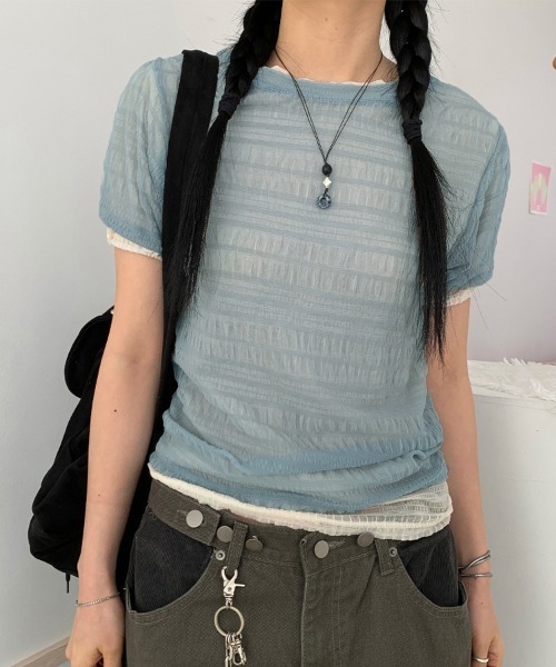 ReRe(リリ)の「シアー格子メッシュトップス(Tシャツ/カットソー・レディース・ホワイト/ブルー/ベージュ/ブラック・FREE)」の4枚目の写真
