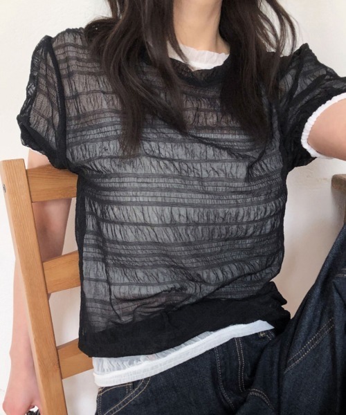 ReRe(リリ)の「シアー格子メッシュトップス(Tシャツ/カットソー・レディース・ホワイト/ブルー/ベージュ/ブラック・FREE)」の2枚目の写真